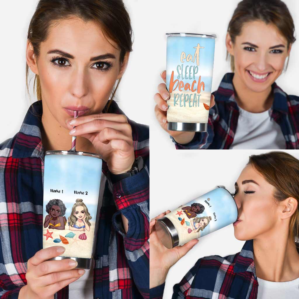 Eat Sleep Beach With Bestie Repeat - Personalized Sea Lover Tumbler