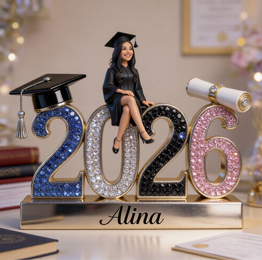 Personalized Class of 2026 Graduation Figurine Statue - Custom Latina Female Graduate Nameplate Keepsake - Luxury Rhinestone Desk Ornament Gift