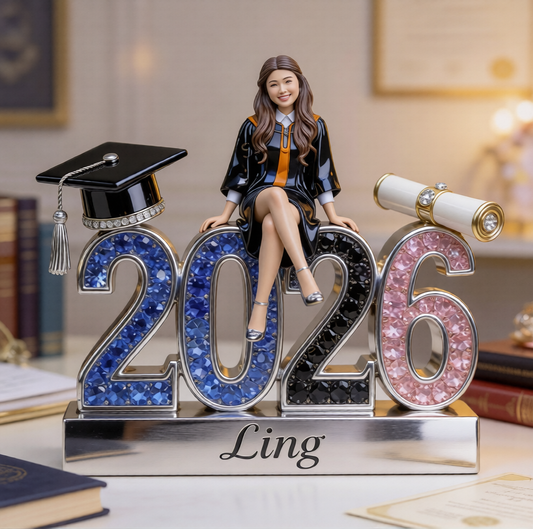Personalized Class of 2026 Graduation Figurine Statue - Custom Asian Female Graduate Nameplate Keepsake - Luxury Rhinestone Desk Ornament Gift