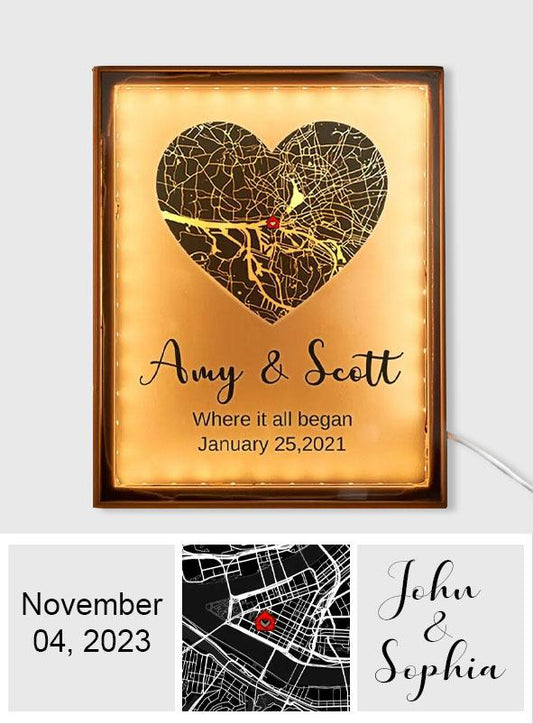 Where It All Begin - Personalized Couple Heart Map Lamp