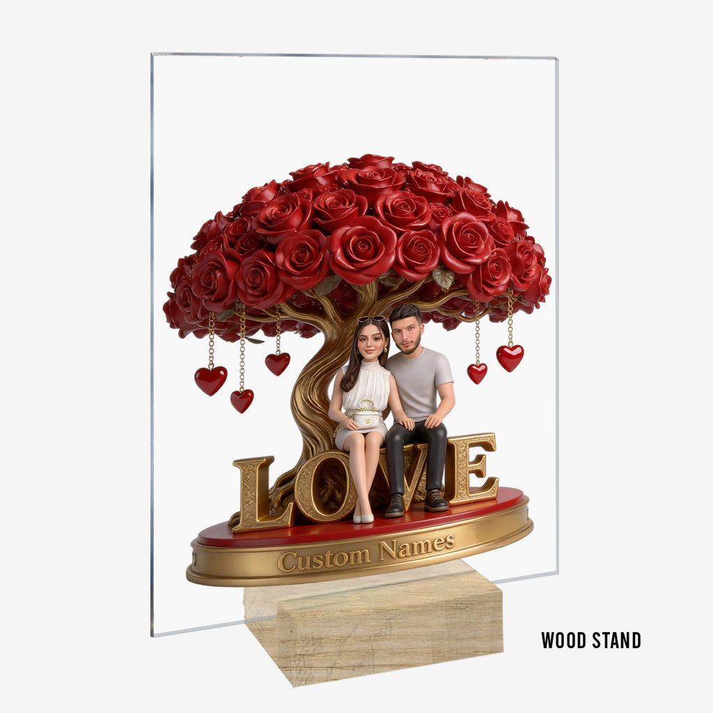 Custom Personalized Old Couple Figurine Statue under Red Rose Heart Tree, Engraved Name Anniversary Wedding Gift Home Decor Sculpture