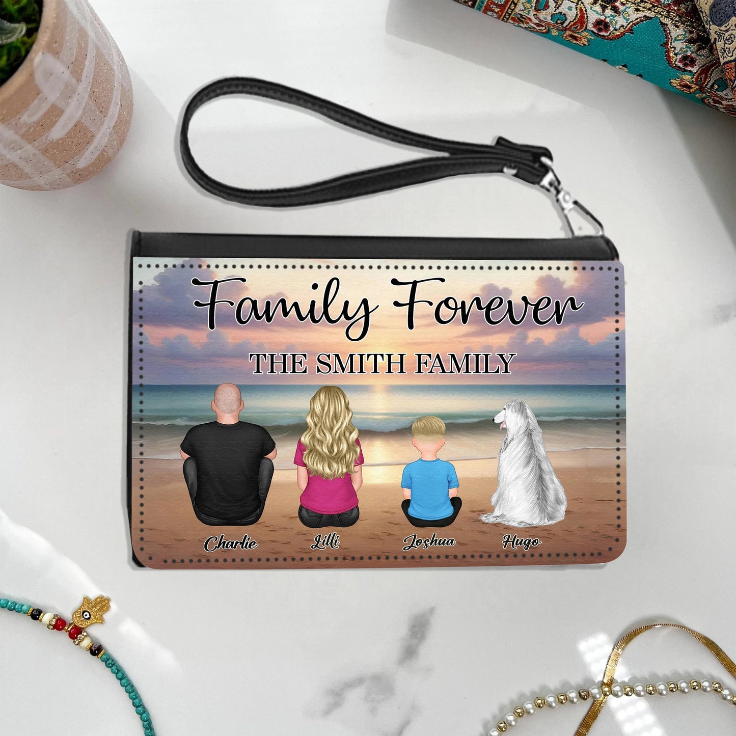 Family Forever Beach Design - Personalized Cotton Tote Bag, Wooden Carhanger, LED Plaque, Keychain, Poster, Wallet Card, and Pillow, Unique Gift