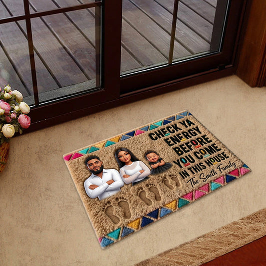 Check Your Energy Before You Come In - Personalized African American Shaped Doormat/ Rug