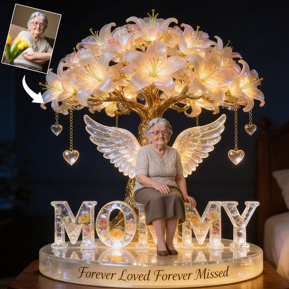 Custom Always In Our Hearts Angel Wings Figurine, Personalized Black French Bulldog Memorial Tree Lamp Statue, Dog Loss Sympathy Night Light