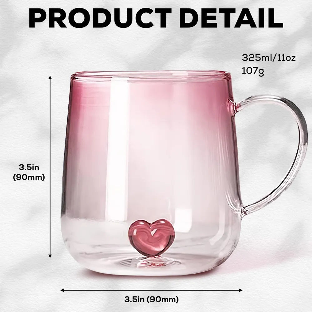 Gradient Glass Mug with Floral Print and Heart-Shaped Base, Elegant Gift Choice