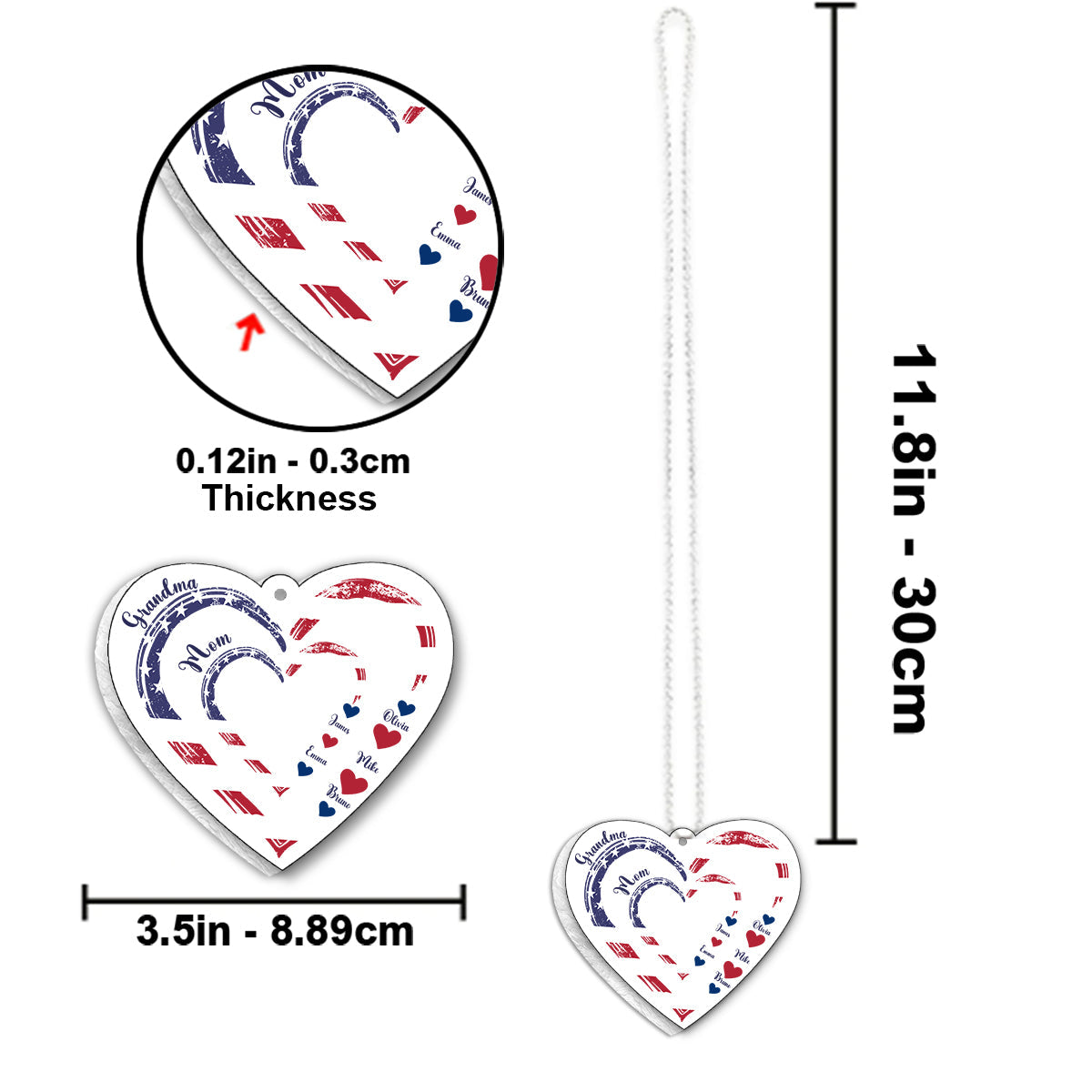 4th Of July Grandma's Hearts - Personalized Grandma Custom Shaped Car Ornament