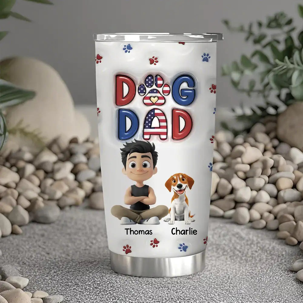 Funny DOG DAD Travel Tumbler – Pet Illustration with Custom Names – Perfect Gift for Dog Dads on Father’s Day or Birthdays