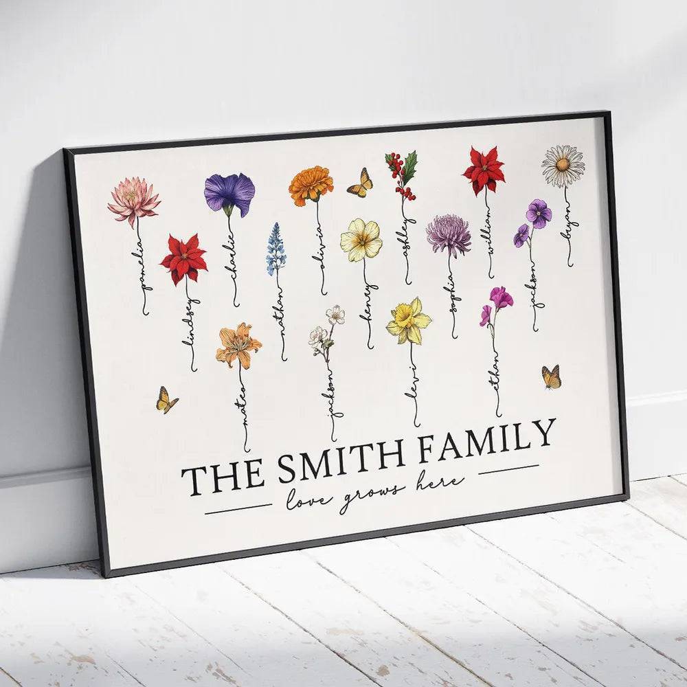 Grandma's Garden Love Grows Here Beautiful Birth Month Flower Gift For Grandma Mom Personalized Doormat or Poster or Canvas, Keychain, Plaque, Wallet Card