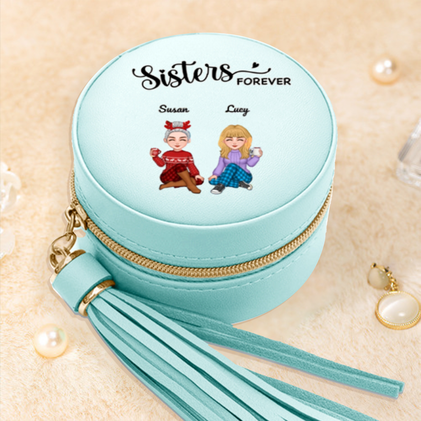 Sisters Forever - Personalized Custom PU Makeup Case,Jewelry Dish, Ornament and Mug- Acrylic Gift Box Shaped - Christmas Gift For Best Friends, BFF, Sister