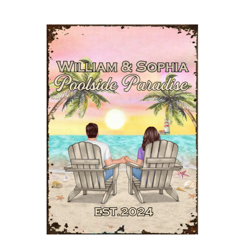 Relaxing Poolside Paradise Decor with Optional Flag Background Couple Sitting Personalized Sign, Flag, Vase - Perfect for Garden, Housewarming, Birthday, Anniversary Gift for Him, Her