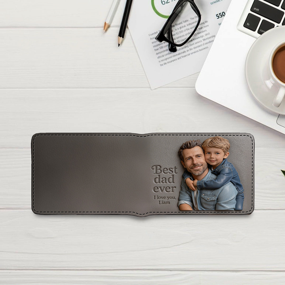 Custom 3D Photo Embossed Leather Wallet for Black Dad- Personalized Best Dad Ever Bi-fold Wallet, Father's Day Gift