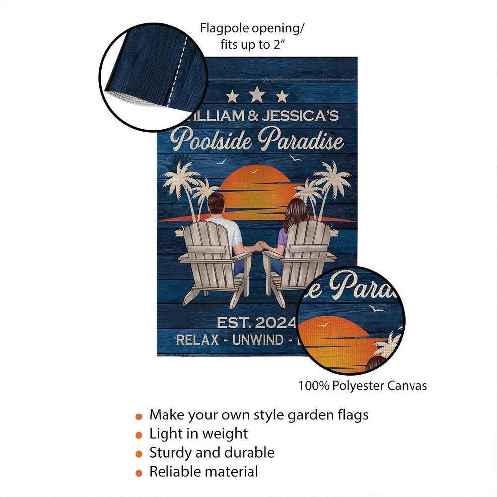 Relaxing Poolside Paradise Decor with Optional Flag Background Couple Sitting Personalized Sign, Flag, Vase - Perfect for Garden, Housewarming, Birthday, Anniversary Gift for Him, Her