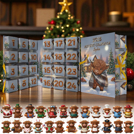 Highland Cow In Winter - Personalized Highland Cow Folded Advent Calendar With Ornaments