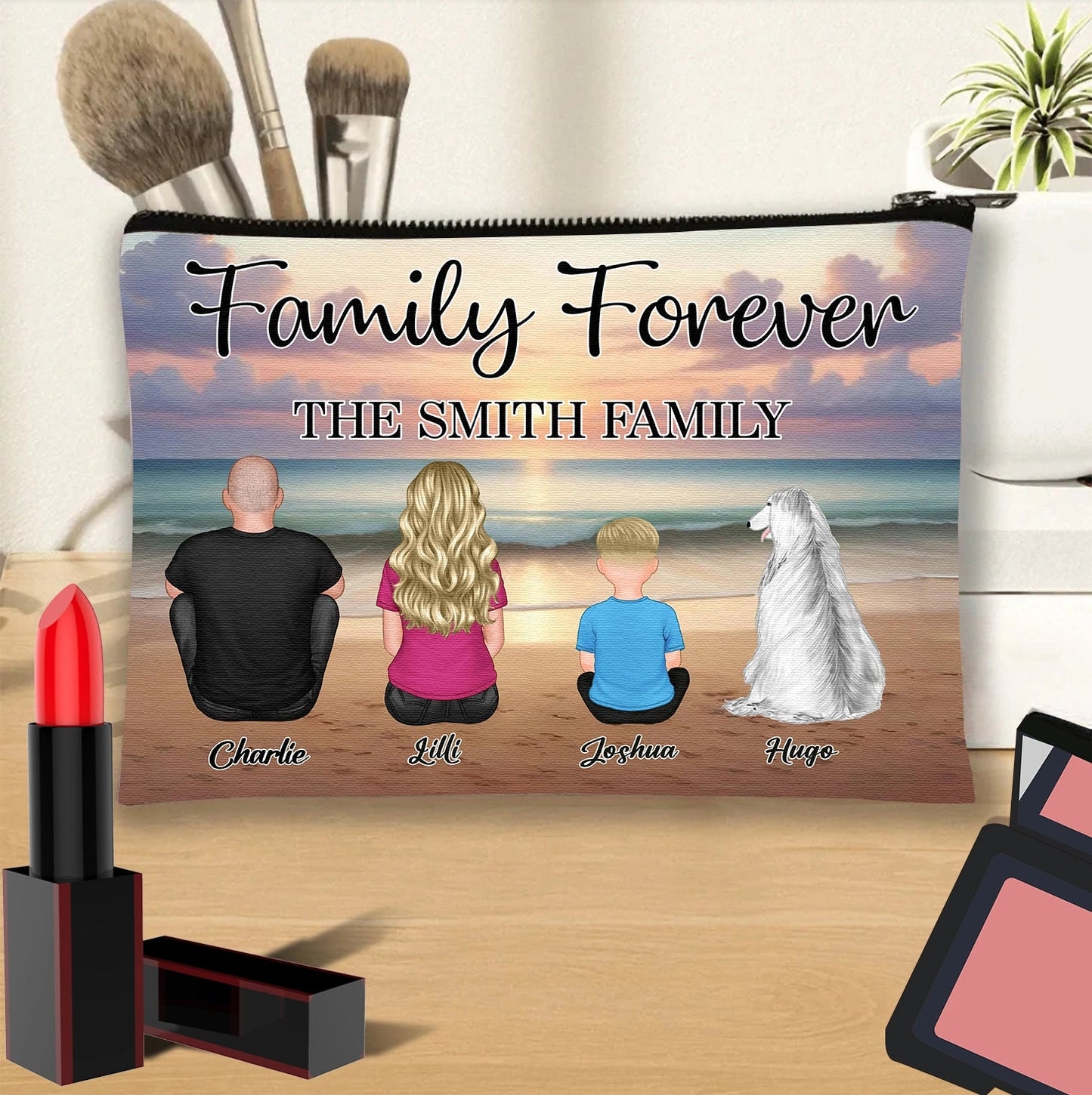 Family Forever Beach Design - Personalized Leather Tote Bag, Wooden Carhanger, LED Plaque, Keychain, Poster, Wallet Card, and Pillow, Unique Gift