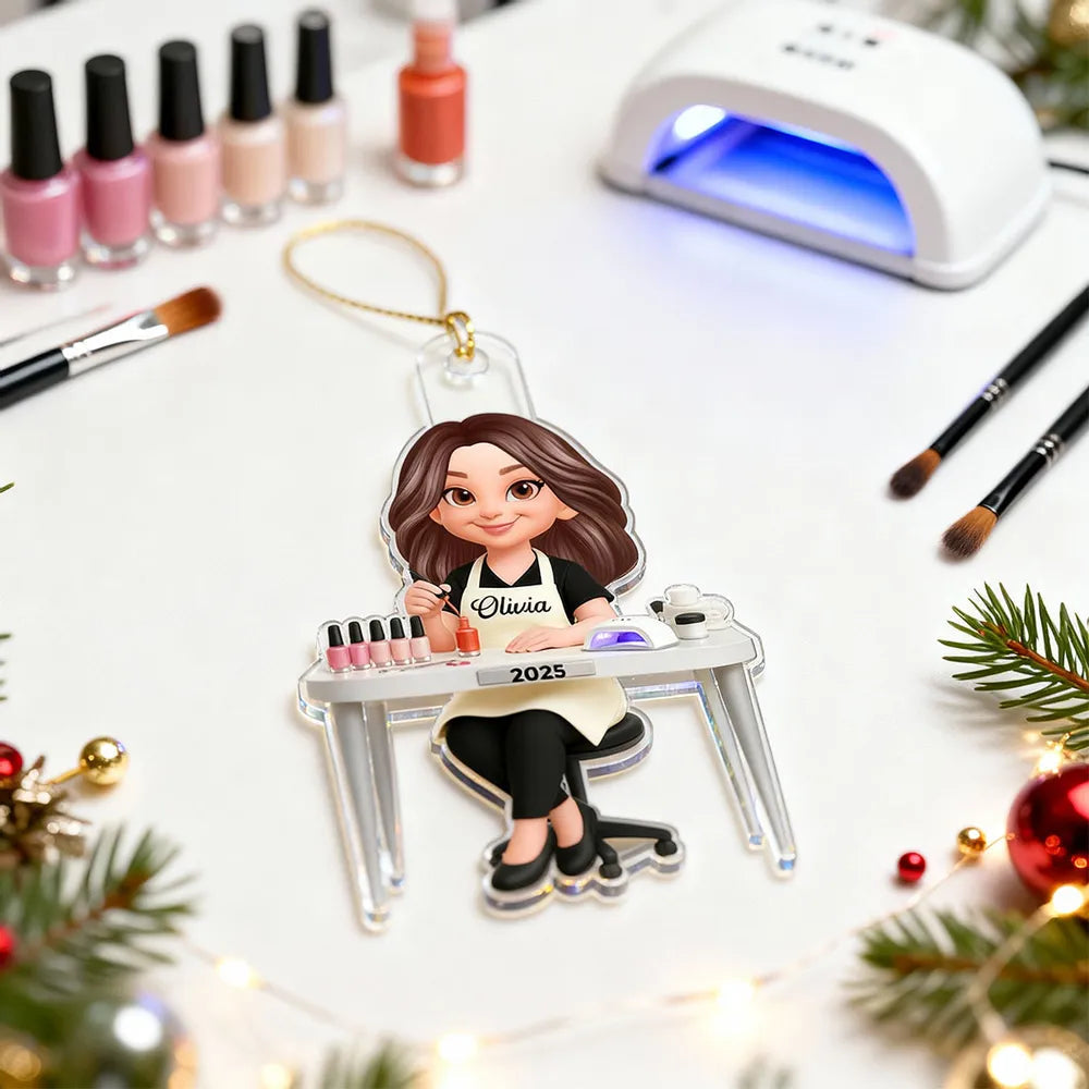 Personalized Nail Technician Acrylic Keychain, Cute Salon Desk Cartoon Charm, Unique Gift for Her