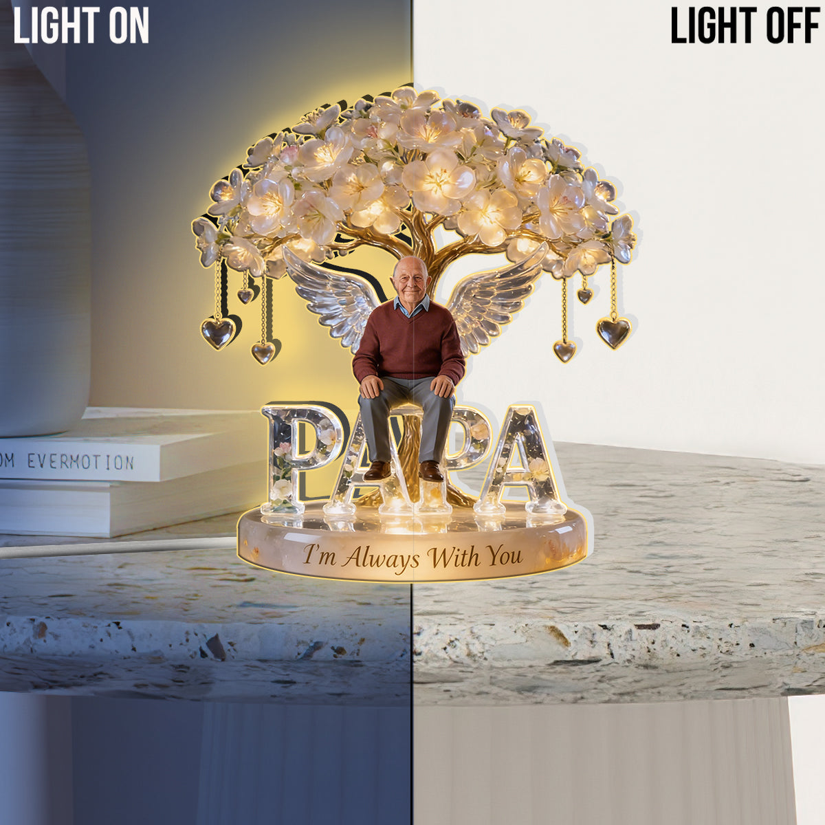 Custom Latin Grandma Always In Our Hearts Angel Wings Figurine, Personalized Memorial Tree Lamp Statue, Sympathy Remembrance Night Light Table Decor