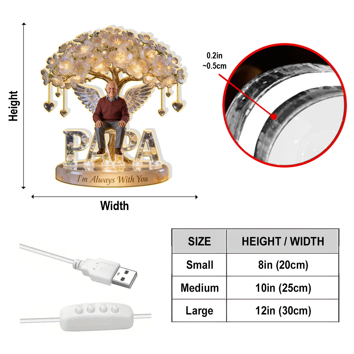 Custom Latin Grandpa Always In Our Hearts Angel Wings Figurine, Personalized Memorial Tree Lamp Statue, Sympathy Remembrance Night Light Table Decor