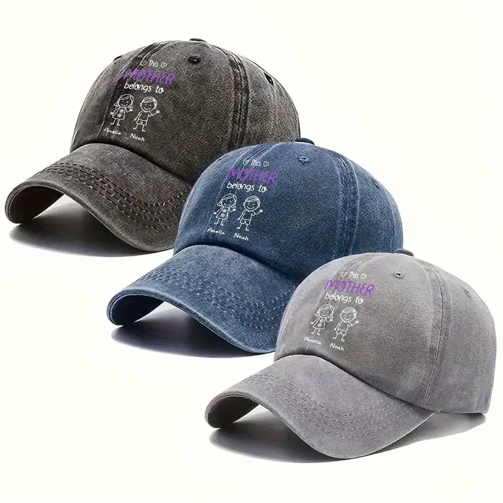 Washed Denim Baseball Cap - 'This Grandma Belongs To' Personalized, Hand-Drawn Stick Kids, Unique Gift for Grandma