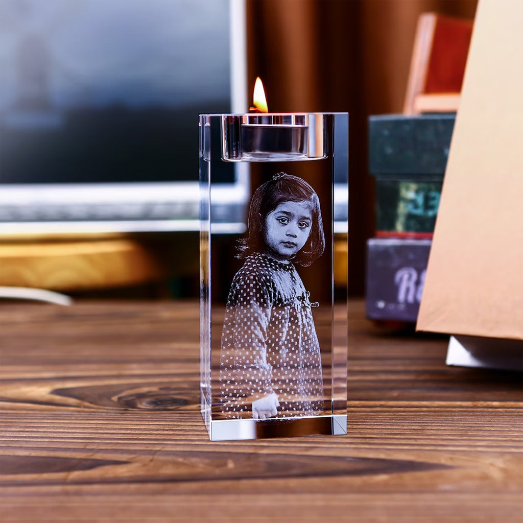 Crystal Candle Holder With Engraved Photos - Personalized Crystal Candle Holder