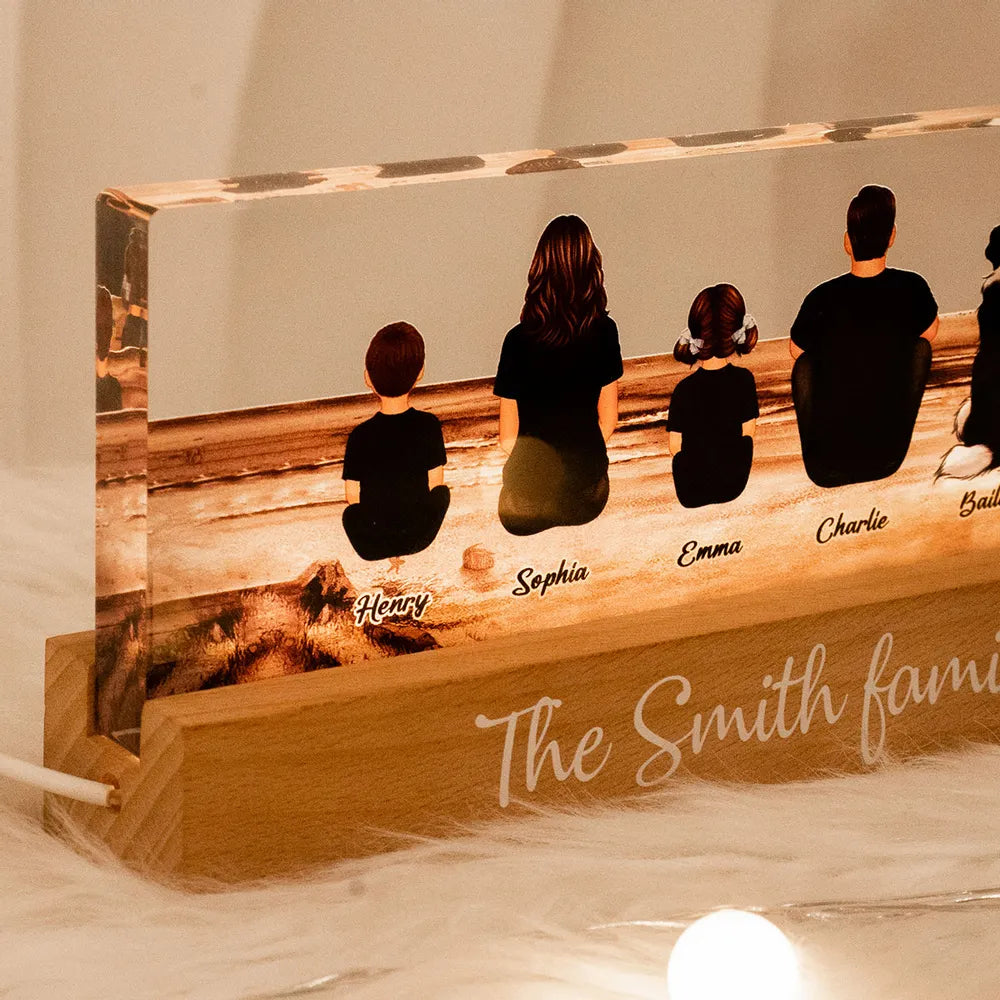 Family Sitting Back View Retro Vintage Beach Landscape - Personalized Family LED Plaque, Family Gift for Parents, Siblings & Pet Lovers