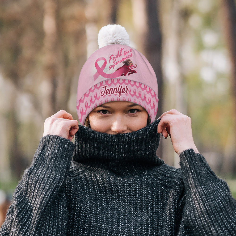 Fight Like a Superwoman, Breast Cancer Awareness - Personalized Breast Cancer Awareness Beanie Hat