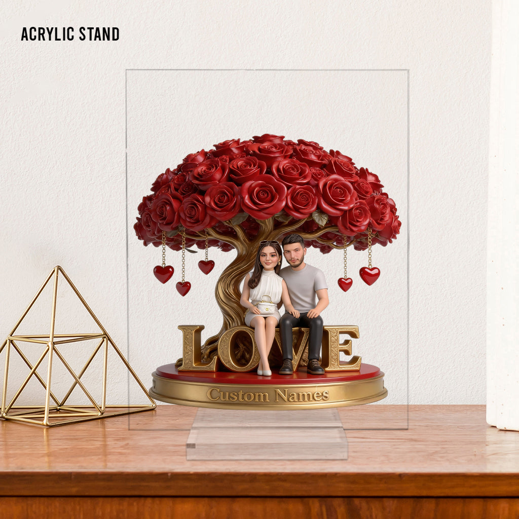 Custom Lesbian Couple Figurine Statue under Red Rose Tree, Engraved Name, Romantic Same Sex LGBT Anniversary Wedding Gift Home Decor