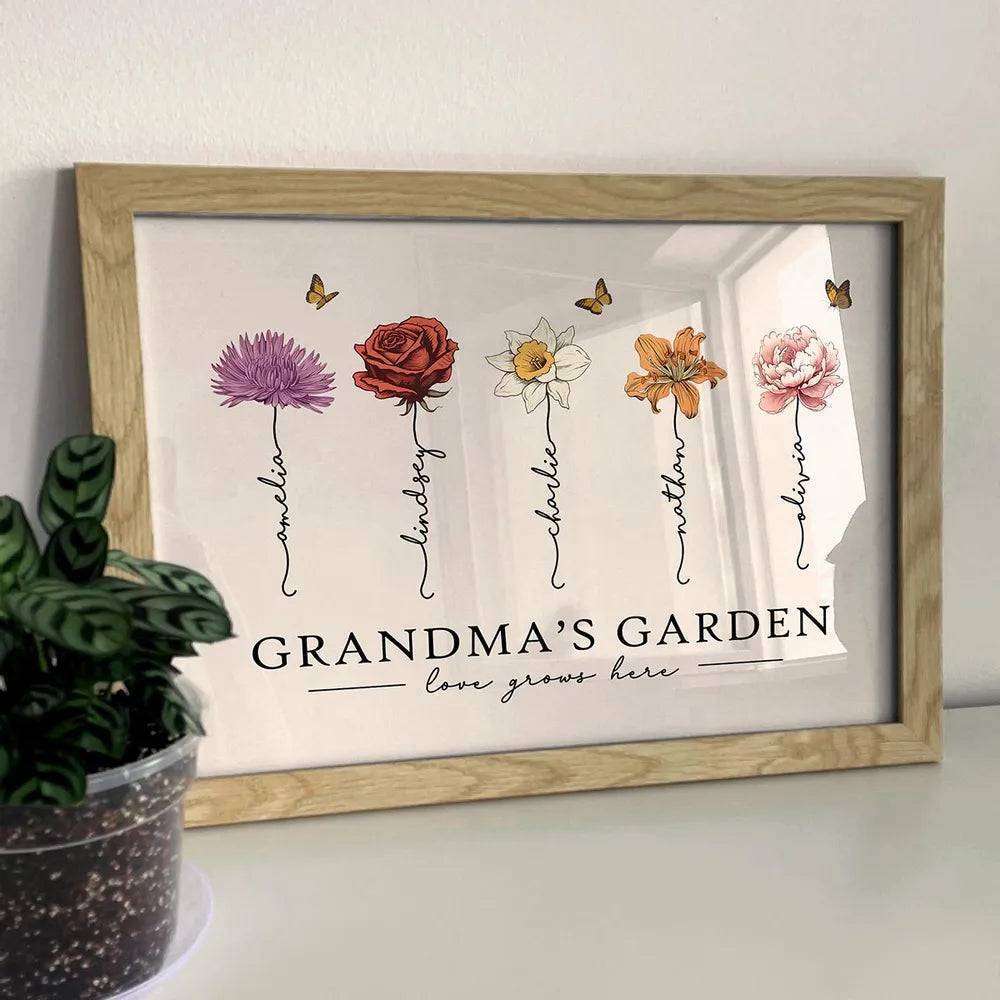 Grandma's Garden Love Grows Here Beautiful Birth Month Flower Gift For Grandma Mom Personalized Pillow or Poster or Canvas, Keychain, Plaque, Wallet Card or Ornament