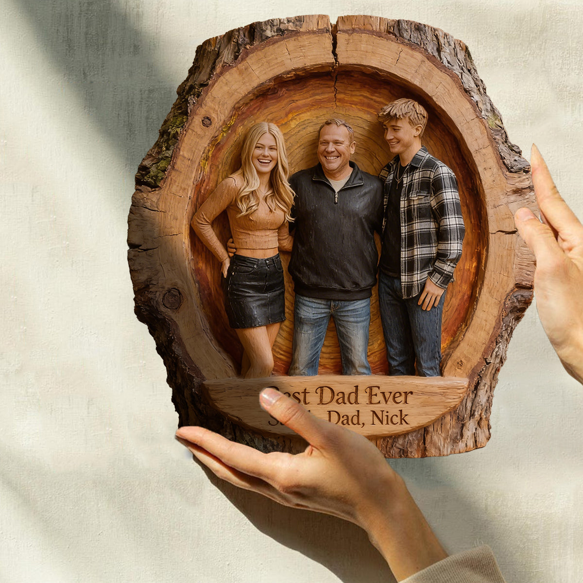 Custom Best Dad Ever Wood Log Figurine, Personalized Family Portrait Statue for Black Dad, Rustic Tabletop Decor Gift