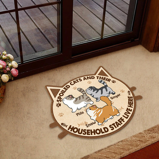 Spoiled Cats And Their Household Staff Live Here - Personalized Cat Shaped Doormat