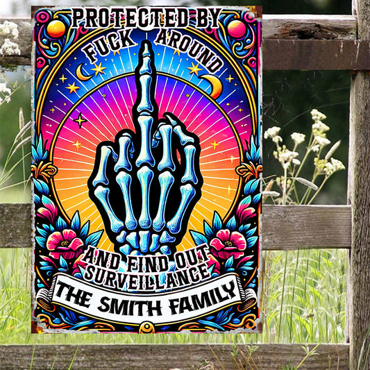 Protected by Fck Around and Find out Surveillance - Personalized Skull Rectangle Metal Sign