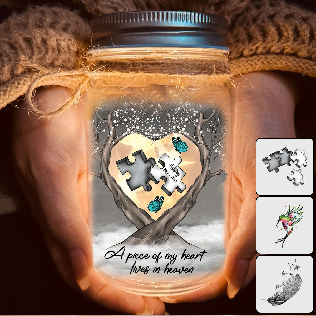Memorial Butterfly Dragonfly Heaven Feather - Personalized Memorial Mason Jar Light