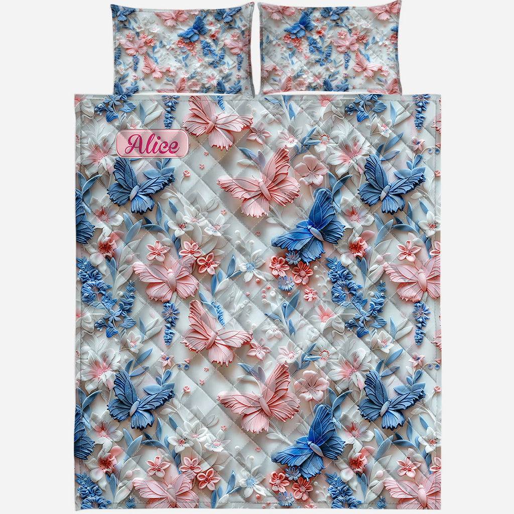 Pink And Blue Butterflies - Personalized Butterfly Quilt Set