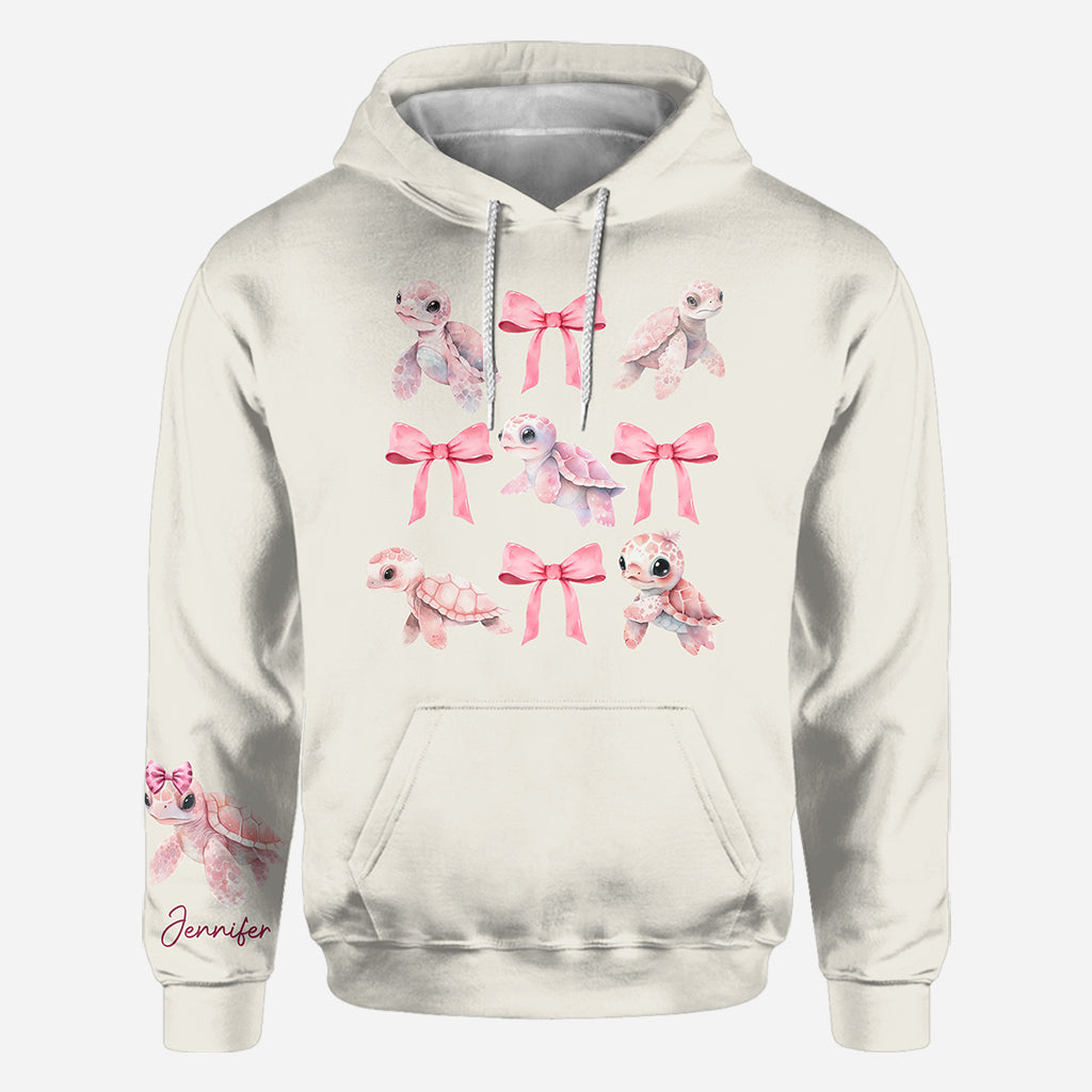 Pink Ribbon Coquette Bow Watercolor Turtle - Personalized Turtle All Over Shirt
