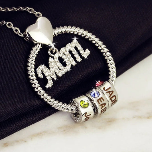 Round Pendant Mom's Necklace With Charms - Personalized Mother Round Pendant Mom's Necklace With Charms