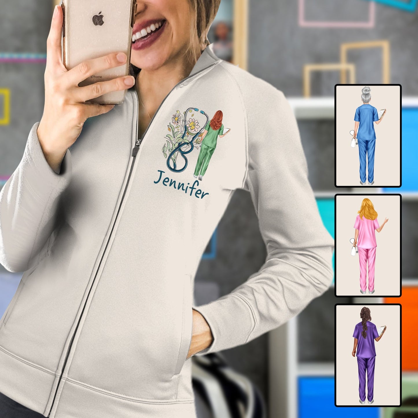 Nurse Life Floral Stethoscope - Personalized Nurse Zip Jacket