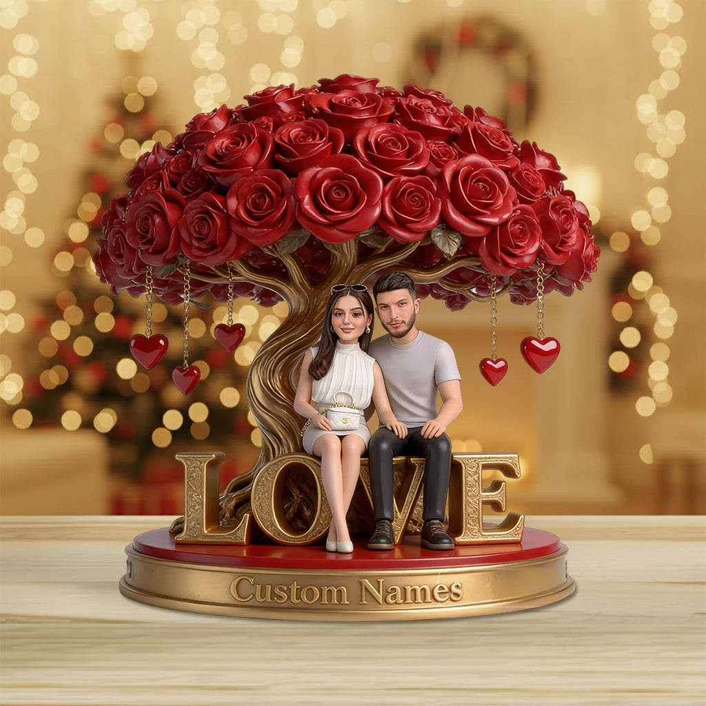 Custom Latin Couple Figurine Under Red Rose Tree, Engraved Name Statue, Romantic Anniversary & Wedding Gift Home Decor Keepsake