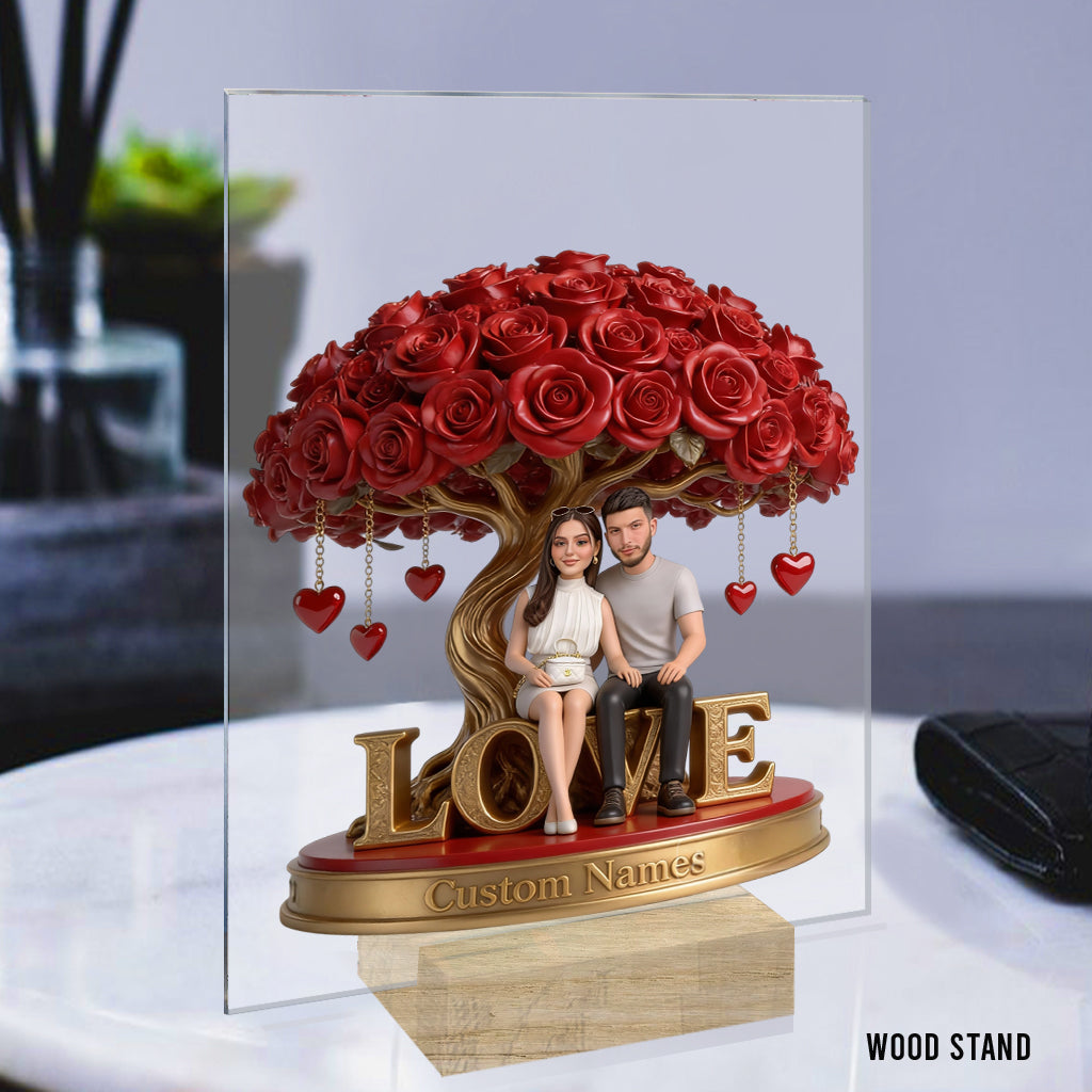 Custom Gay Couple Figurine Statue under Red Rose Tree, Engraved Name, Romantic Same Sex LGBT Anniversary Wedding Gift Home Decor