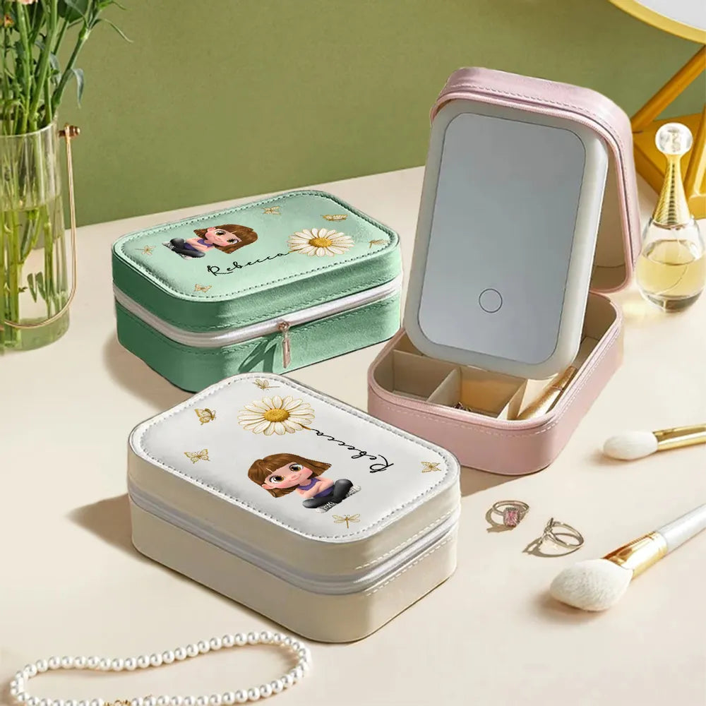 Leather LED Makeup Case - Cute Sitting Cartoon Girl Design, Travel-Ready Mirror, a Unique Gift for Daughter or Best Friend