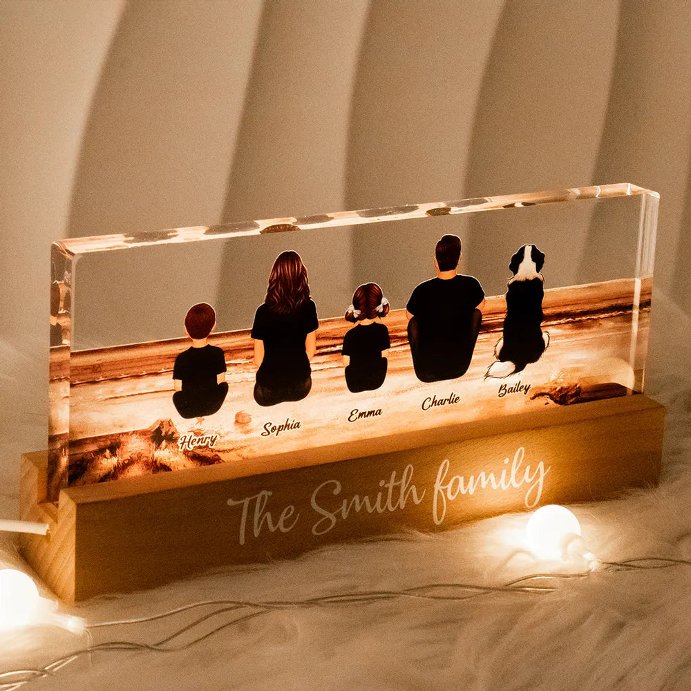 Family Sitting Back View Retro Vintage Beach Landscape - Personalized Family LED Plaque, Family Gift for Parents, Siblings & Pet Lovers