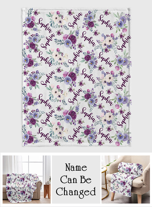 Custom Name Purple Flowers - Personalized Grandma Blanket