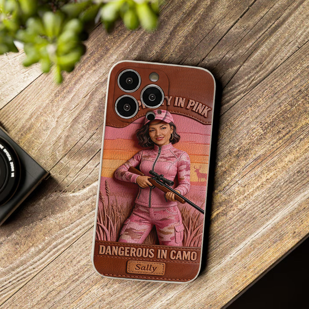 Custom Any Photo Dangerous In Camo - Personalized Hunting Leather Phone Case