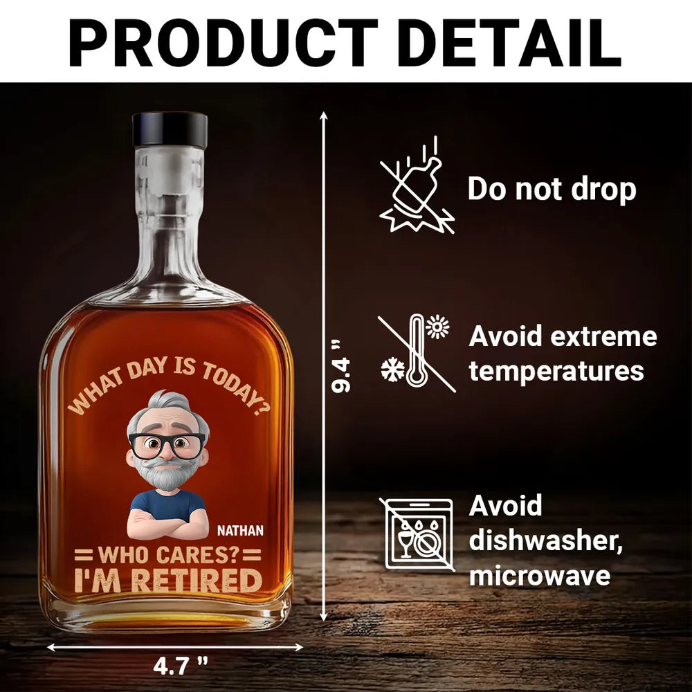 “Who Cares? I’m Retired” – Personalized Glass Spirits Decanter for Dad & Husband