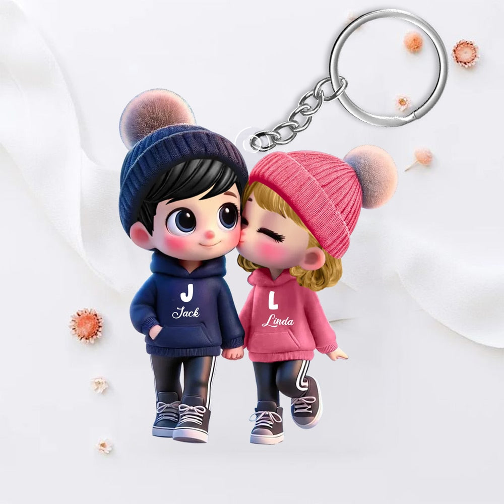 Personalized Acrylic Car Hanger for Couples – Cute Cartoon Design with Custom Names