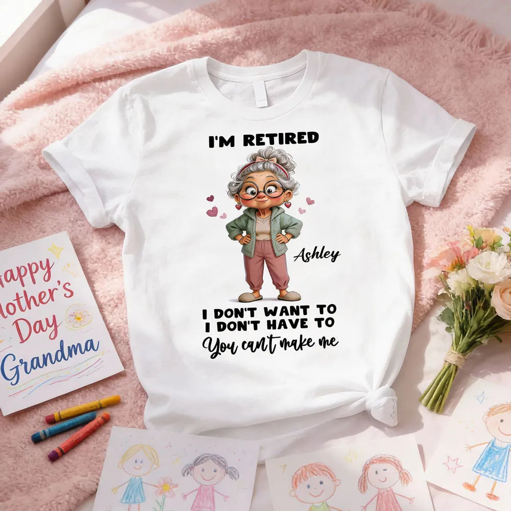 Personalized Classic Tee 'I'm Retired' Cute Cartoon Grandma Shirt, Funny Everyday Wear, Unique Retirement Gift for Mom or Grandma