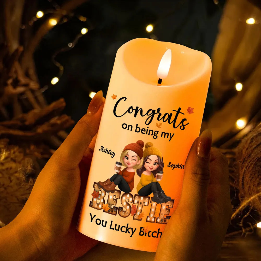 Flameless LED Candle with Besties Design, Cozy Autumn Ambience Light, Gift-Ready Keepsake for Friendship