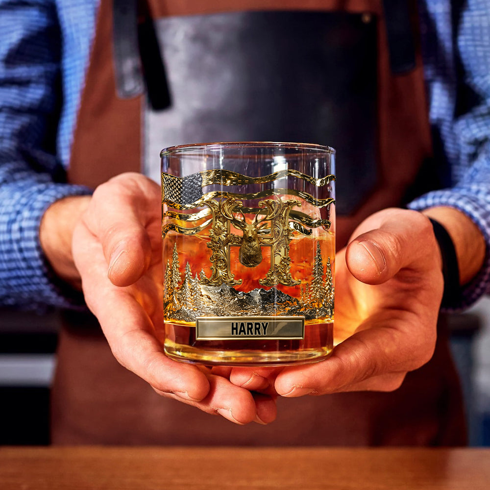 Alphabet Initial For Hunting Lovers - Personalized Hunting Whiskey Glass