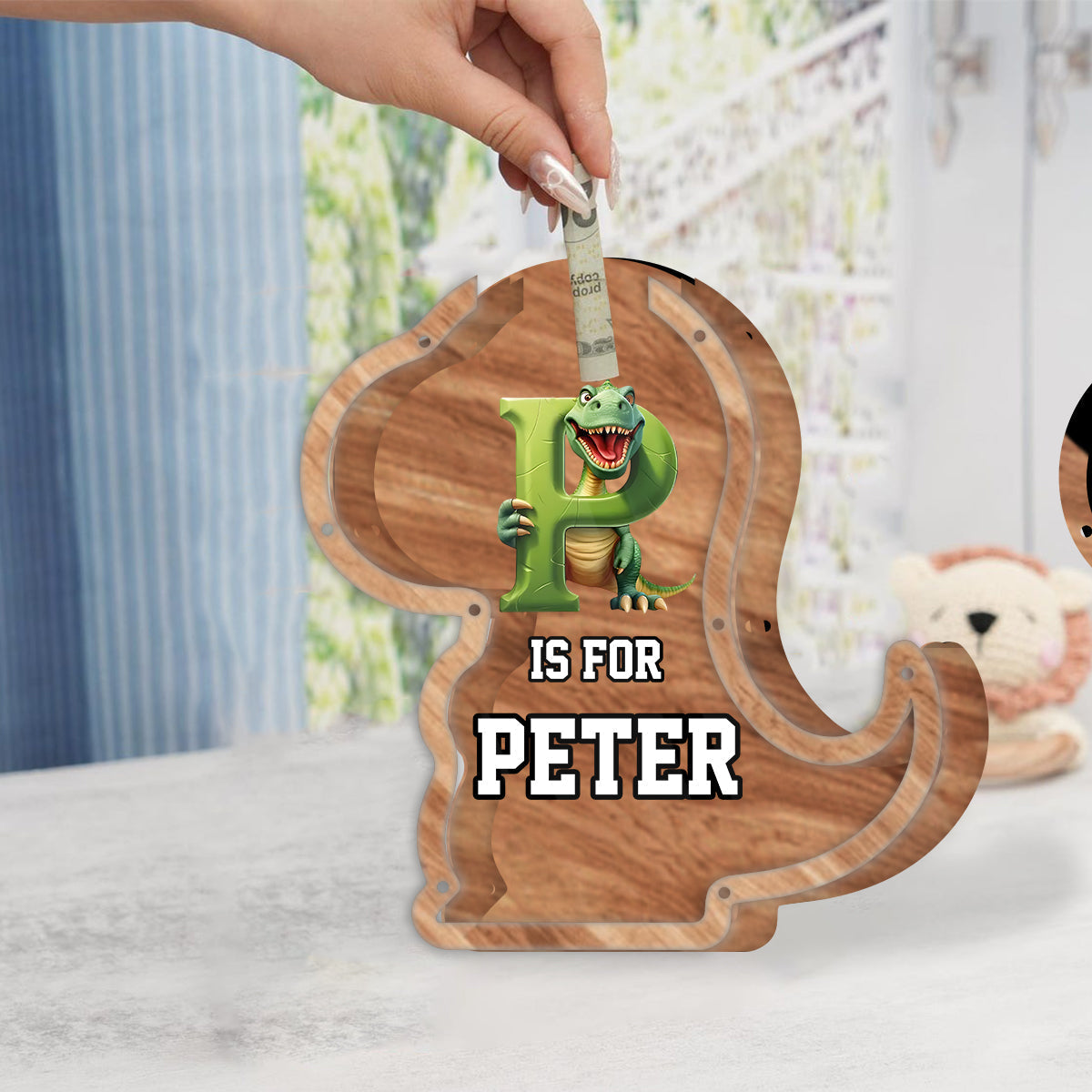 Dinosaur Coin Bank for Kids - Personalized Kid Wooden Piggy Bank