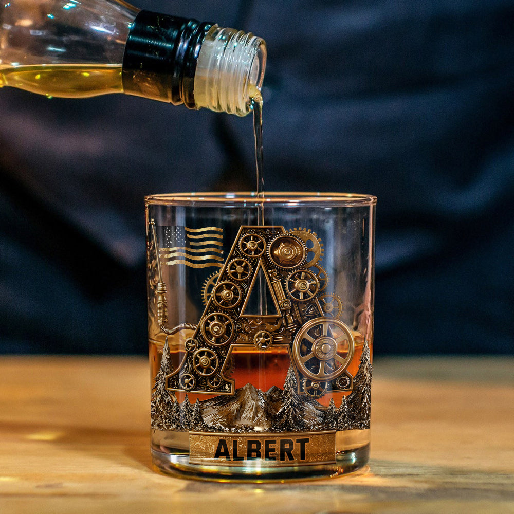 Initial Steampunk Style, Gift For Him - Personalized Mechanic Whiskey Glass